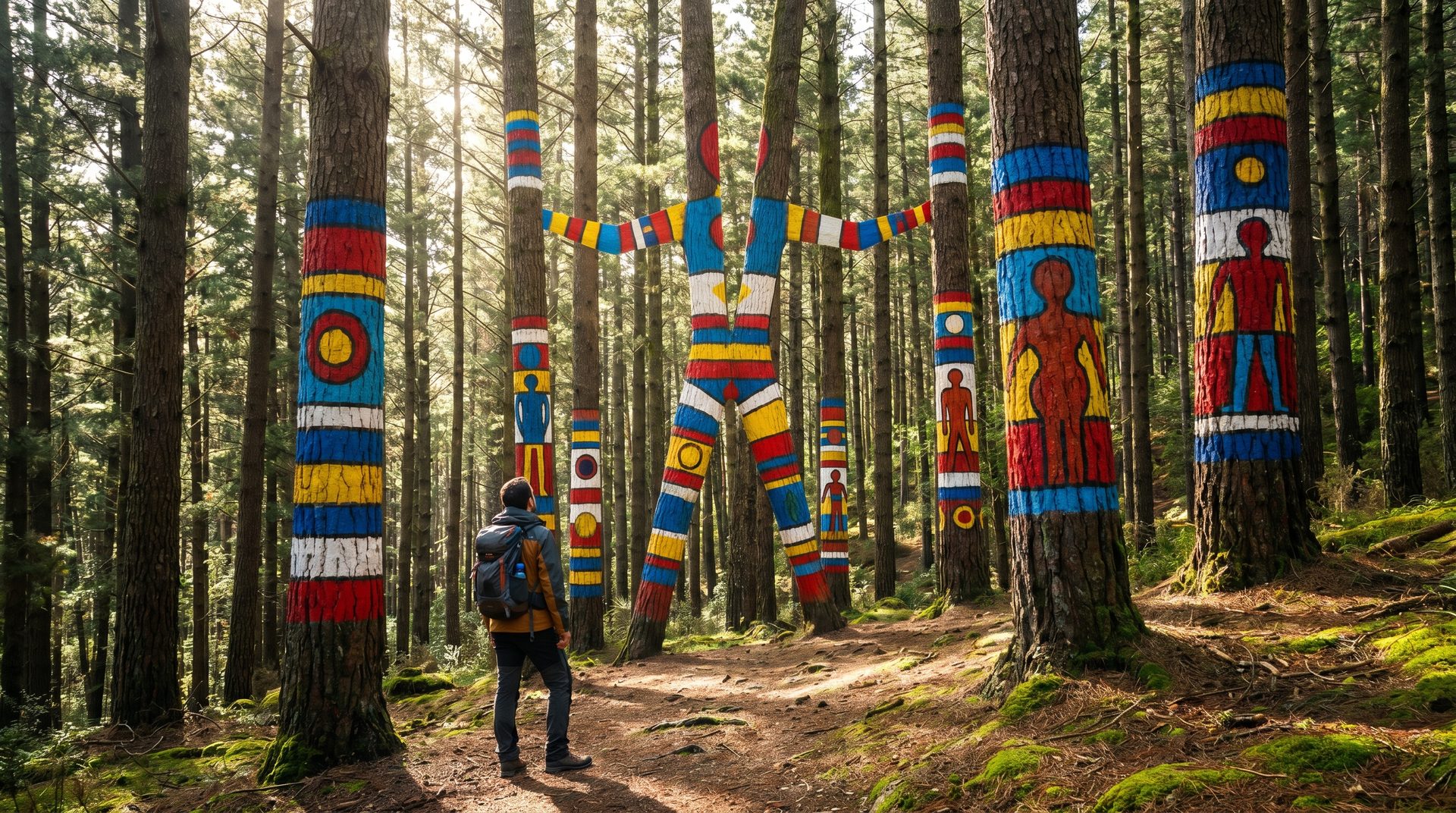 Bosque de Oma: troncos pintados que formam uma figura vista do ângulo certo