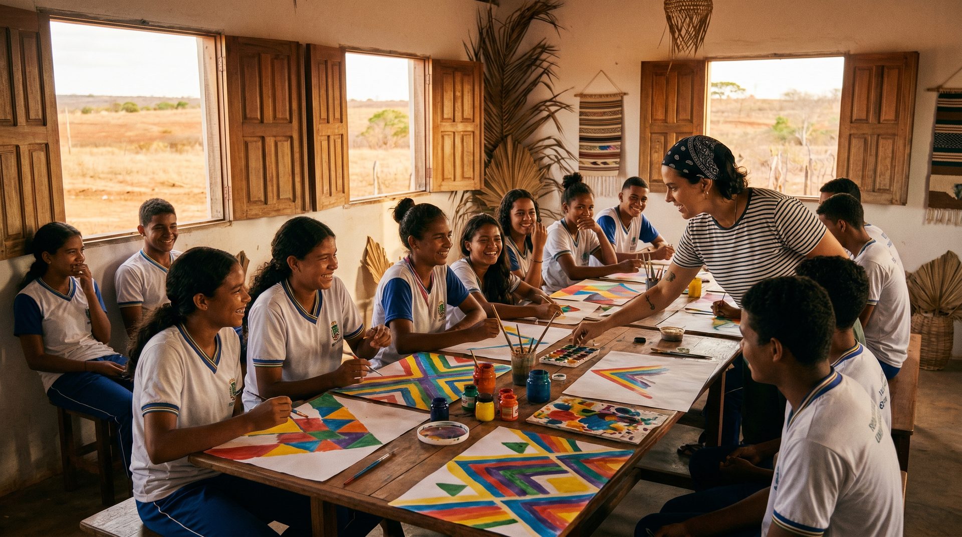 Alunos de escola pública do Nordeste em oficina de arte