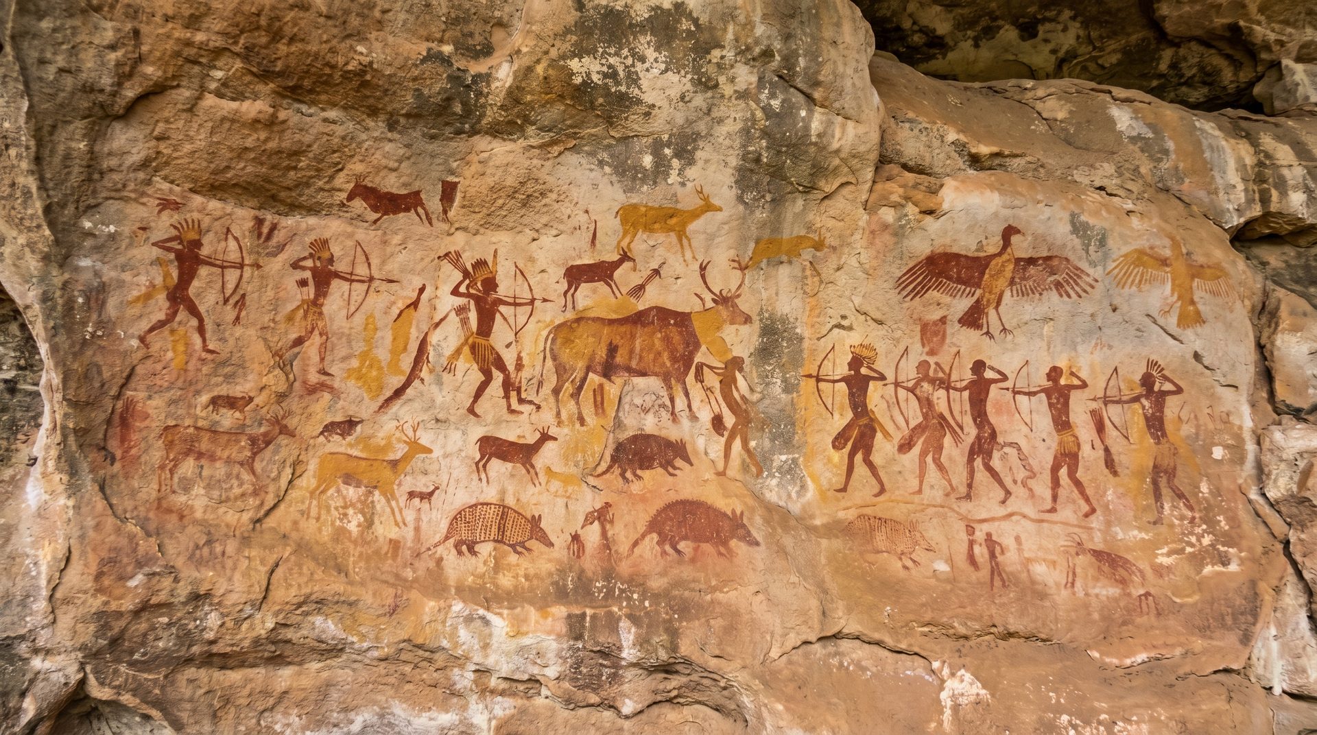 Arte rupestre da Serra da Capivara: figuras humanas em ocre e amarelo